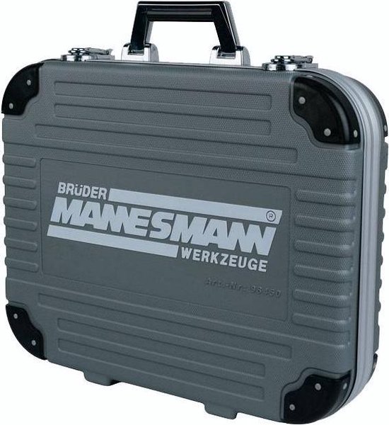 Grijze gereedschapskoffer met 'Brüder Mannesmann Werkzeuge' logo en artikelnummer 98450.