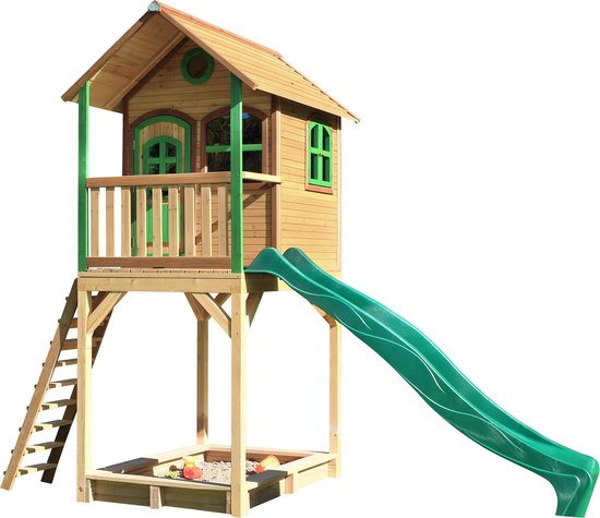 AXI Romy Speelhuis in Bruin/Groen - Met Verdieping, Groene Glijbaan en Zandbak - Speelhuisje voor de tuin / buiten - FSC hout - Speeltoestel voor kinderen