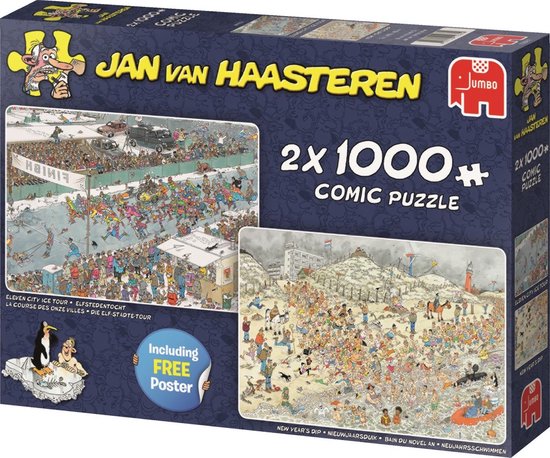 Jan van Haasteren Winter Fun 2in1 Puzzel Elfstedentocht en Nieuwjaarsduik 2x1000 Stukjes