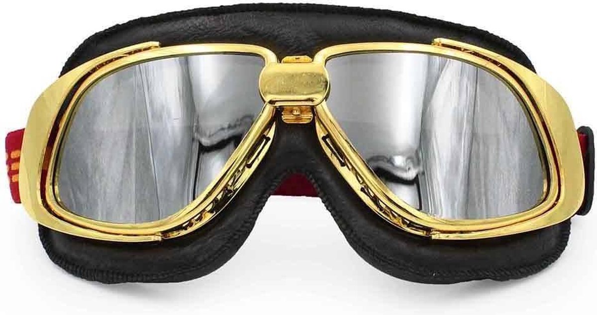 Ediors retro goud, zwart leren motorbril | Zilver reflectie