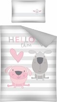 Baby ledikant dekbedovertrek - fantasie hondjes - Hello there - grijs met rose - 100% katoen