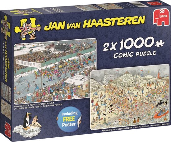 Jan van Haasteren Winter Fun 2in1 Puzzel Elfstedentocht en Nieuwjaarsduik 2x1000 Stukjes