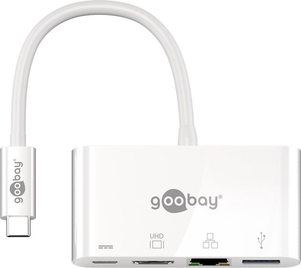 USB-C naar HDMI, USB-A, USB-C PD en RJ45 adapter met DP Alt Mode (4K 30 Hz) / wit - 0,15 meter