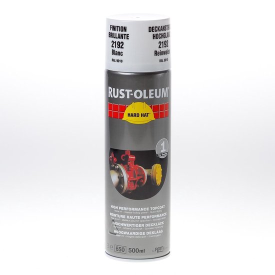 Rust-Oleum spuitbus met witte topcoat, hoogglans 2192, RAL 9010. Bevat harde hoed logo.