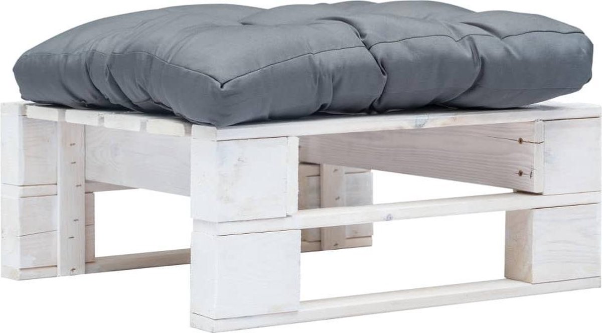vidaXL Tuinpoef - met - grijs - kussen - pallet - hout - wit Wit en grijs
