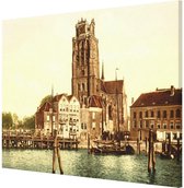 Oud Stadsgezicht Dordrecht - Kerk en Haven - Oude Foto Print op Canvas Doek - 90x60 cm