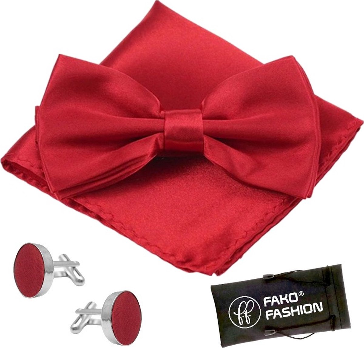 Fako Fashion® - Vlinderstrik, Pochette & Manchetknopen - Vlinderdas - Strikje - Pochet - Satijn - Donkerrood