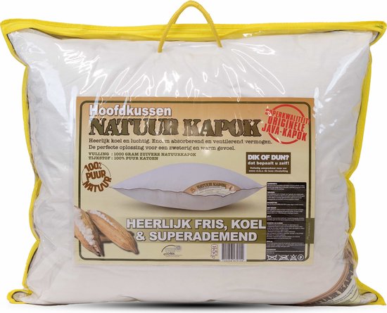 Kapok kussen in doorzichtige verpakking met gele rits en grote label.