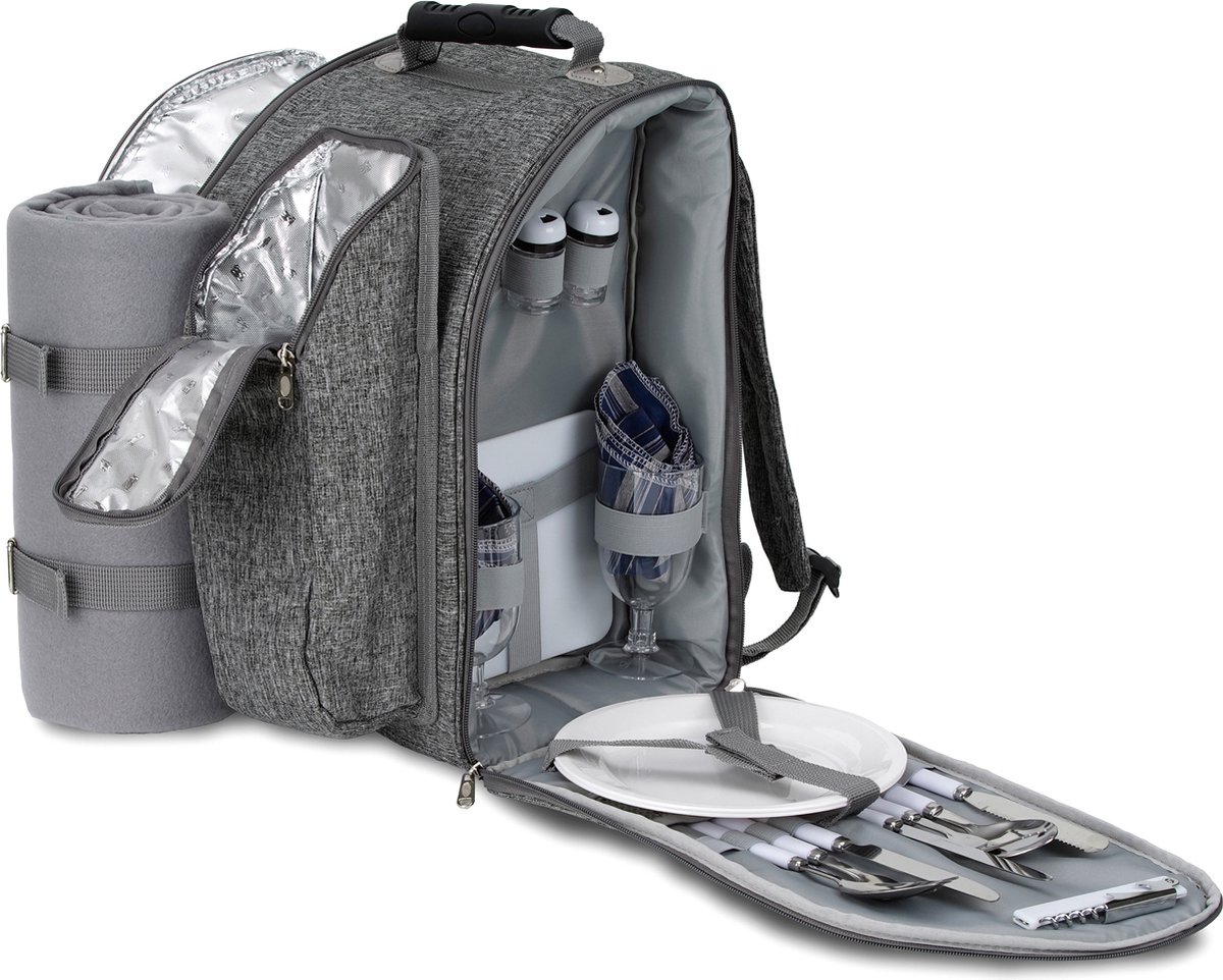 BRUBAKER Picknickrugzak voor 2 personen, grijs, 28 × 40 × 22 cm, met koelvak, iso-flessenhouder - Picknickmand - Fleece Picknickkleed met waterdichte onderkant