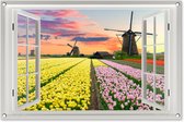 Tuinposter Doorkijk - Zonsondergang - Tulpen - 90x60 cm - Tuindoek - Buitenposter