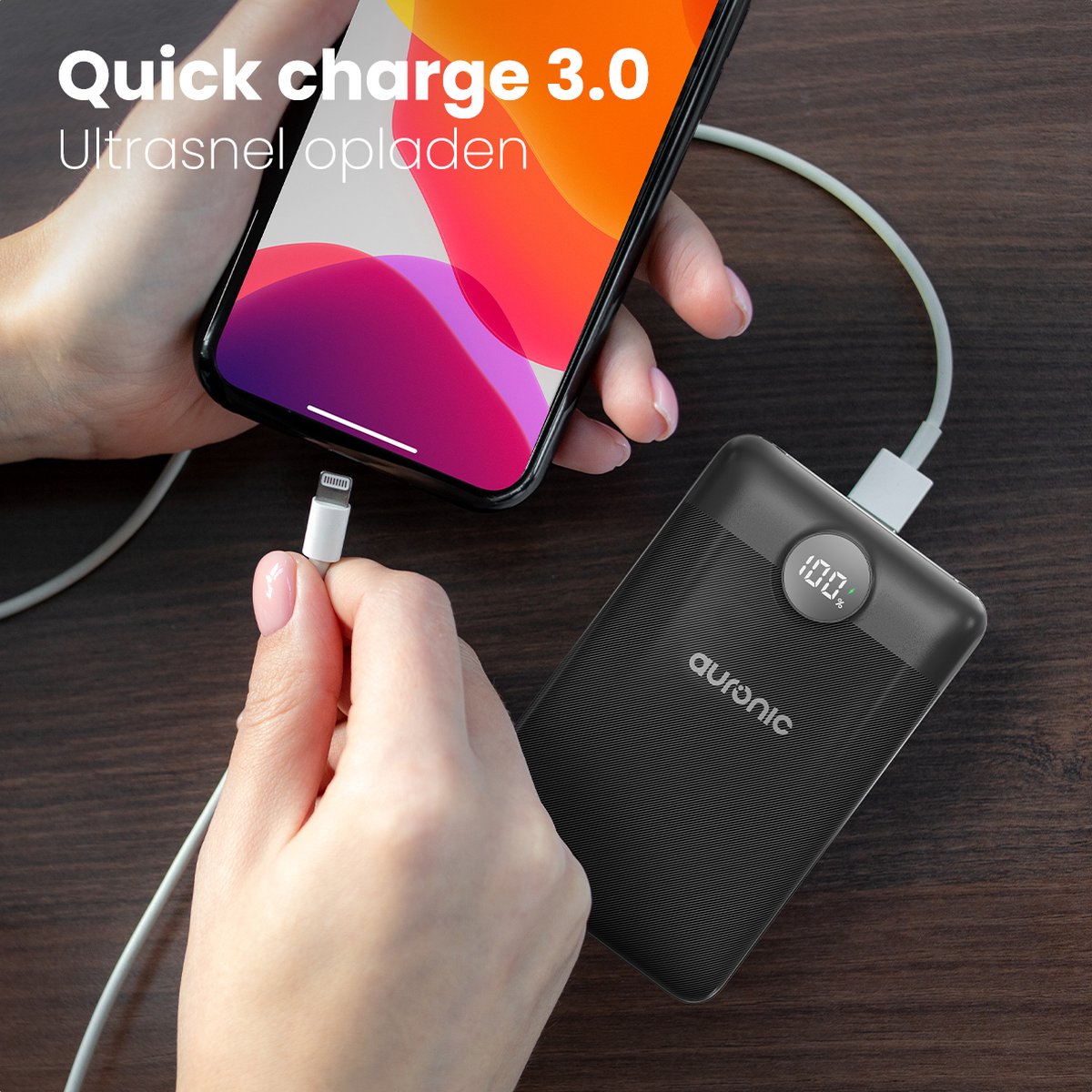 Auronic Powerbank 10.000 mAh Snellader Zwart - afbeelding 3