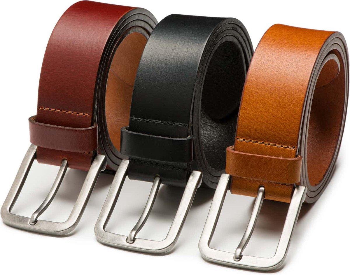 DTCH.FIT Herenriem Leer Mason - Riem Zwart, Bruin & Cognac - Jeans Broekriem - Riemmaat 105cm - Totale lengte 120cm - 3 Stuks