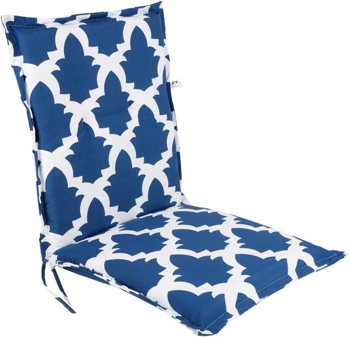 Spetebo Sylt Universele stoelbekleding met lage rugleuning, 105 x 50 cm, tuinstoel, neerleuningkussen met grafisch lelies, zitkussen, stoelkussen, blauw met bevestigingsriem