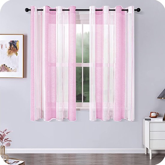 Voile gordijnen kort gordijn semi-transparante strepen gordijnen met ringgordijn moderne woonstijl wit + roze 145 x 140 cm (h x b) voor kinderkamer woonkamer slaapkamer set van 2