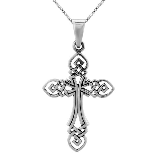 Zilveren ketting dames | Zilveren ketting met hanger, opengewerkt kruis met Keltische details