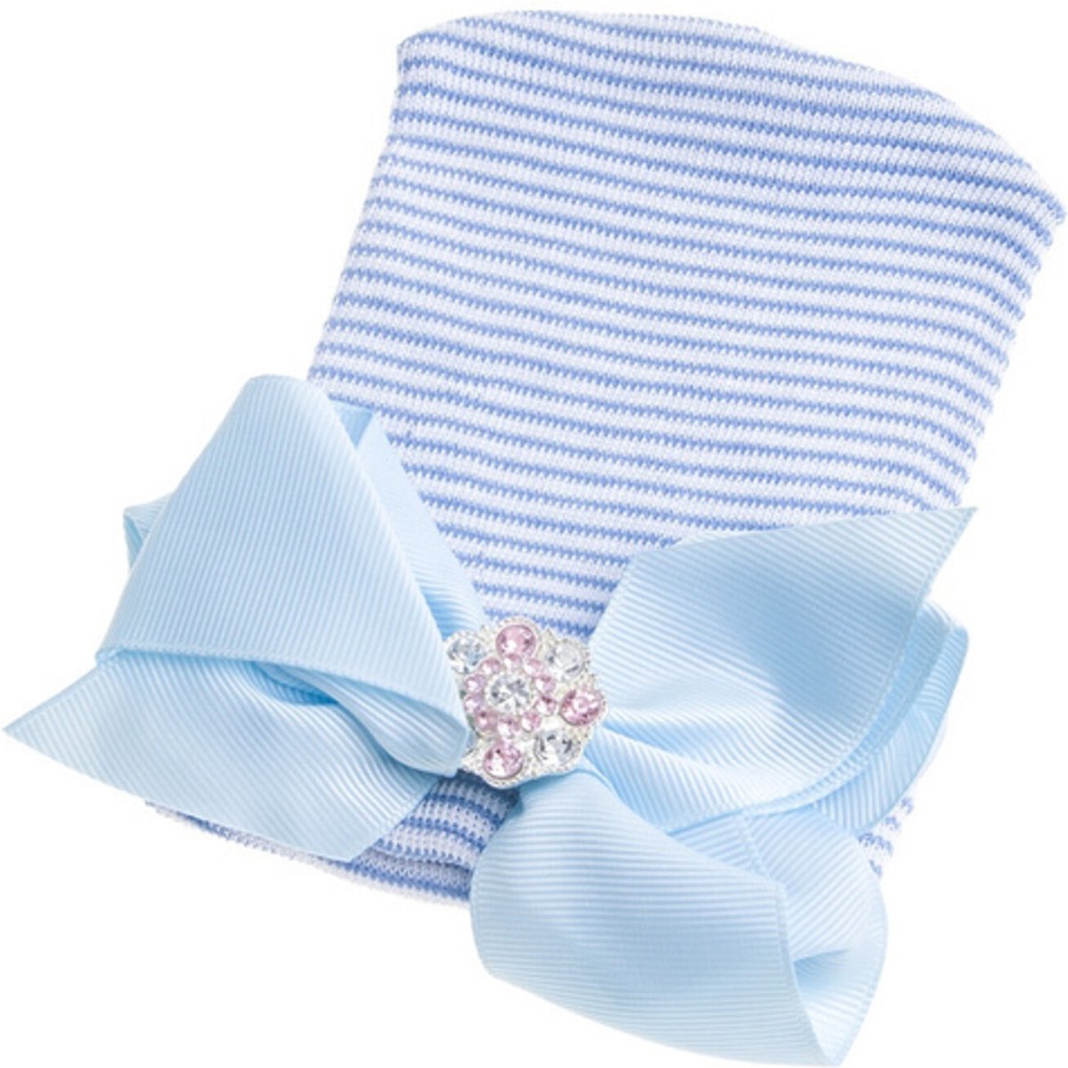 Goedkoopste Mammie's Geboortemuts / babymuts / ziekenhuismuts gestreept met strik van lint en steentjes - 0 tot 1 maand Blauw gestreept met Blauwe strik