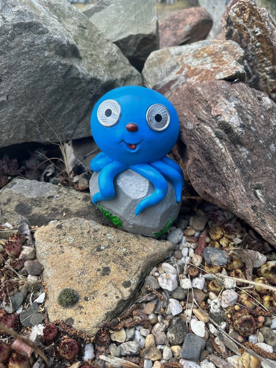 Lampe solaire en polyrésine "Octopus on stone" - bleu + gris - avec 2 LED - Modèle sur pied - hauteur 15 x 14 x 10 cm - Décoration de jardin - Eclairage jardin
