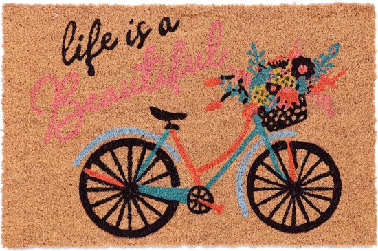Paillasson Relaxdays noix de coco - vélo - tapis de noix de coco 60x40 cm - tapis d'entrée - avec texte - porte d'entrée