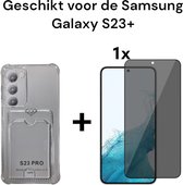 samsung galaxy s23 plus hoesje transparant antishock backcover met pashouder + 1x privacy screenprotector - samsung galaxy s23 plus doorzichtig antishock achterkant met card holder + 1x privacy tempered glas