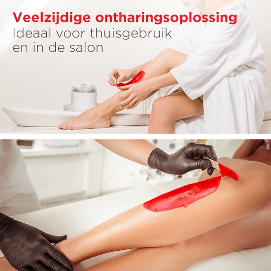Bovenste deel: Vrouw brengt Rostem Hard Wax Beans aan op haar knie. Onderste deel: Handen met zwarte handschoenen brengen Rostem Hard Wax Beans aan op een been.