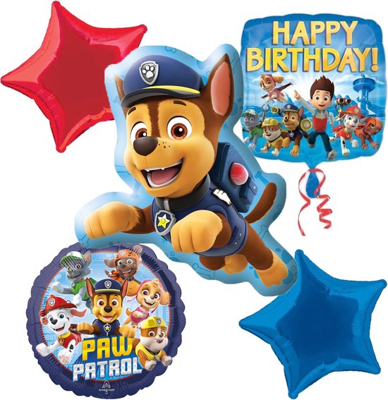 Paw Patrol – Chase – Ballon set – 5-Delig – Helium ballon – Folieballon - Happy Birthday - Versiering - Kinderfeest.