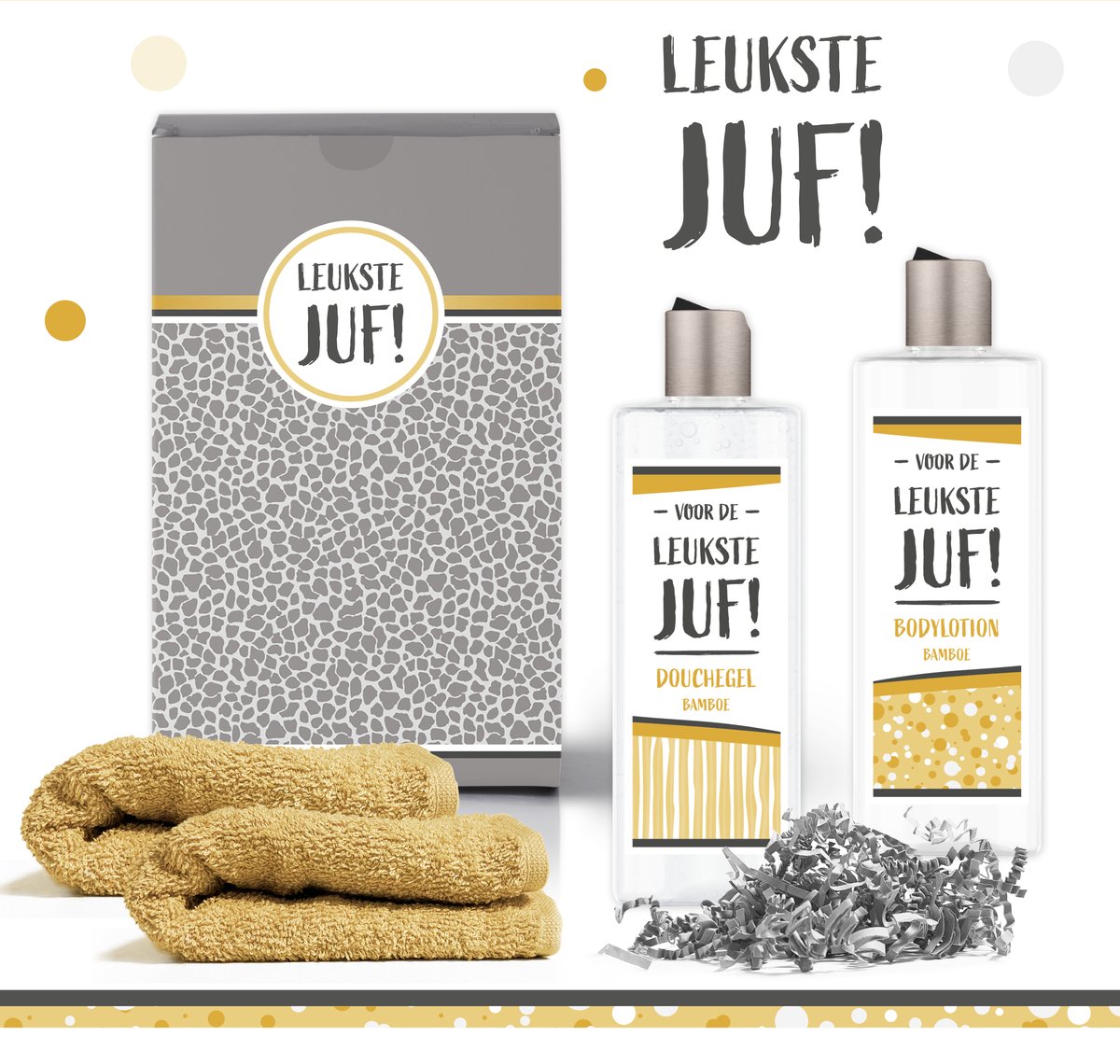 Goedkoopste Geschenkset De leukste juf - 4 producten - 560 gram | Giftset voor haar - Juffendag - Cadeau Juffrouw - Lerares - Docent - Overblijfjuf - Einde schooljaar - Afscheid - Leerkracht - Stagiaire - Luxe Cadeaubox - Geschenk - Set - Pakket - Vrouw - Geel