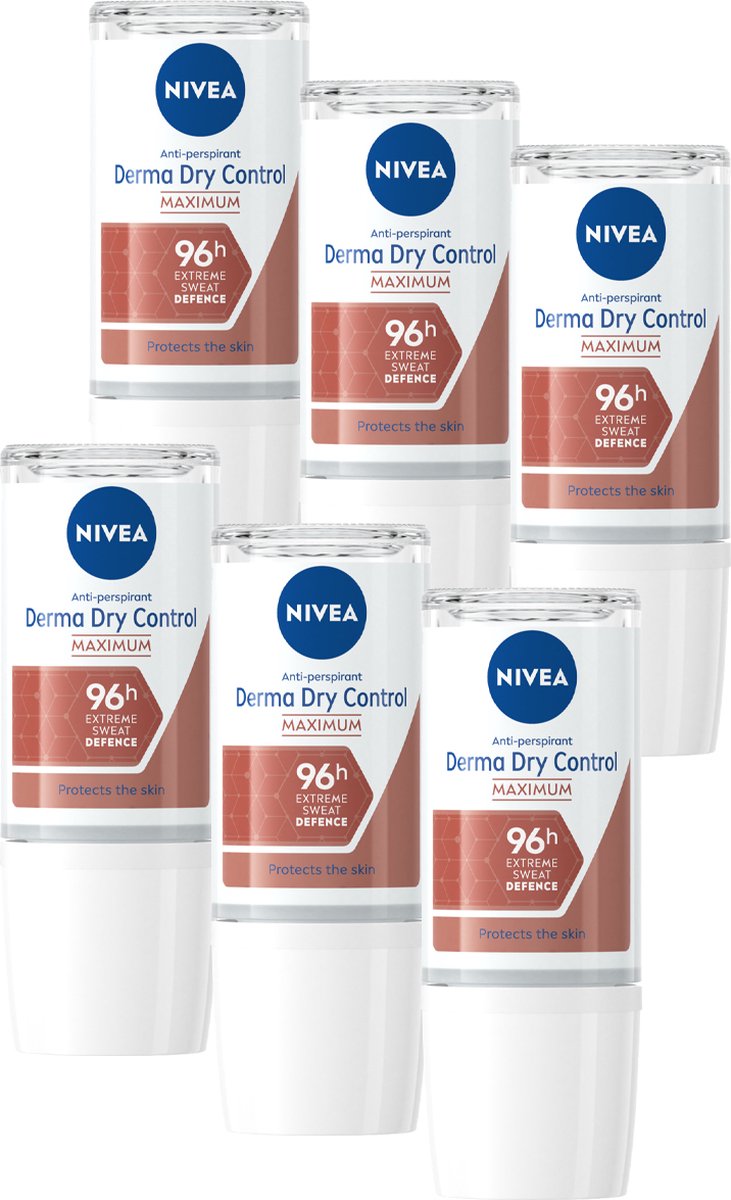 Goedkoopste NIVEA Derma Control Maximum Anti-transpirant Deo Roller - Tot 96 uur bescherming - Deodorant Met DermaDry en melkzuur - 6 x 50 ml - Voordeelverpakking