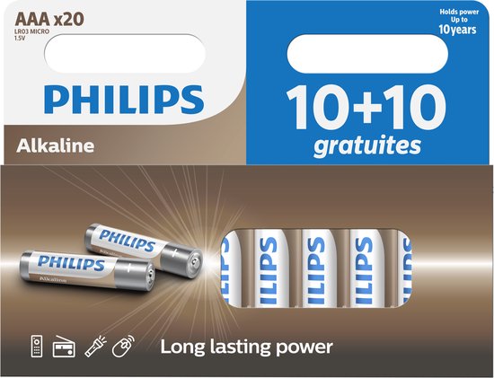 Philips AAA x20 Alkaline batterijen, 10+10 gratis. Lange levensduur.