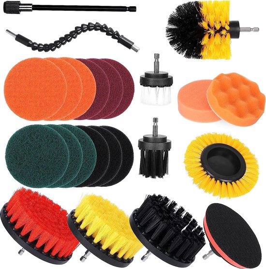 Set boorborstelopzetstukken, 37 stuks Power Scrubber Borstel Kit met Scrub Pad Spons Polijsten Pads voor Badkamer Douche Schrobben, Tapijt Reinigen, Grout Schrobben en Tegel Reinigen