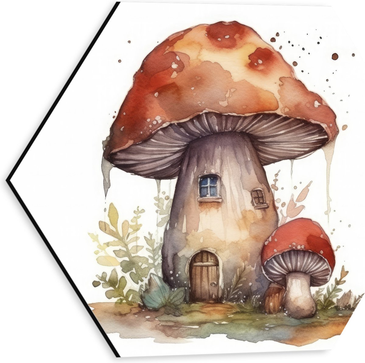 Dibond Hexagon - Waterverf Tekening van Paddenstoelen Huisje - 30x26.1 cm Foto op Hexagon (Met Ophangsysteem)