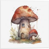 Vlag - Waterverf Tekening van Paddenstoelen Huisje - 50x50 cm Foto op Polyester Vlag