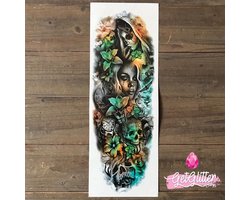 GetGlitterBaby® - Tattoo Sleeve / Tijdelijke Henna Plak Tattoos / Nep Tatoeage voor Volwassenen / Fake Temporary Tattoo Sticker - Bloemen en Doodshoofden