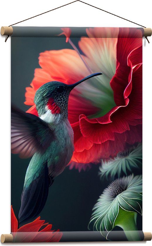 Textielposter - Close-up van Kolibrie Vliegend bij Rode Bloeiende Bloemen - 40x60 cm Foto op Textiel