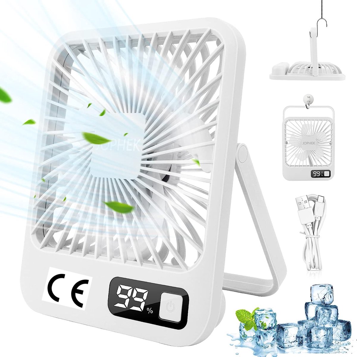 Ventilator - draagbaar - oplaadbaar - 5 snelheden - 3000mAh - stille ventilator - wit