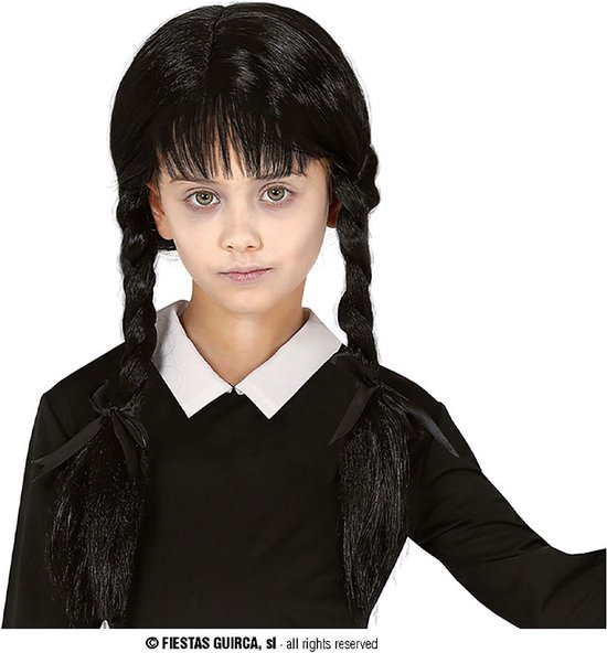 Fiestas Guirca - Thursday pruik kindermaat - Halloween - Wednesday Addams kostuum - Wednesday jurk - Wednesday new series - Halloween Pruik - Halloween accessoires - Halloween outfit - Pruiken - enge pruiken