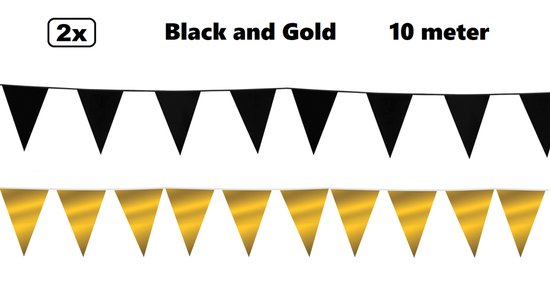 2x Vlaggenlijn Black and Gold party 10 meter - Zwart en goud - Festival thema feest party verjaardag gala jubileum