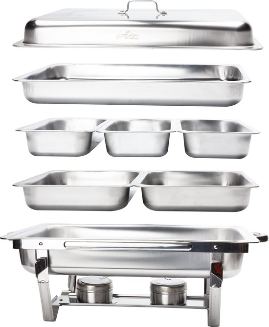 Alora Chafing Dish Chrome 6 bakken per 2 - Voedsel Verwamer - Voedsel Warmhouden - met Deksel - Buffetwarmer - Roestvrij Staal - Warmhoudplaat - Bain Maria - Warmhoudbakken - Warmhoudschalen — afbeelding 4