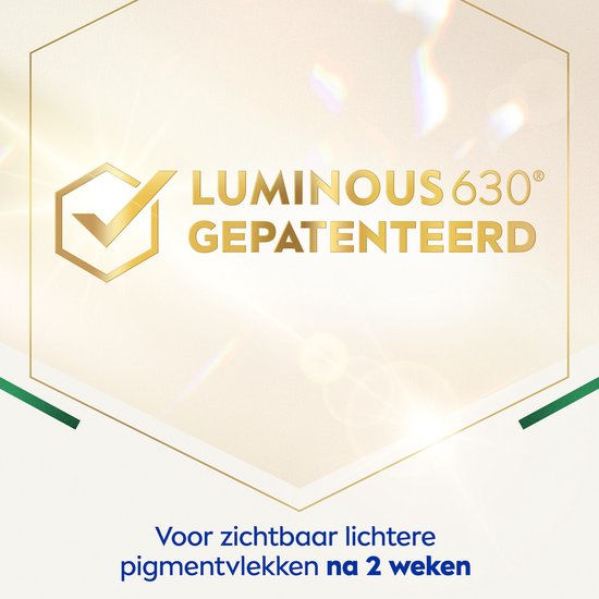 Gepatenteerd Nivea Luminous630 met een vinkje. Voor zichtbaar lichtere pigmentvlekken na 2 weken.