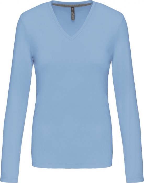 T-shirt Dames XL Kariban V-hals Lange mouw Sky Blue 100% Katoen