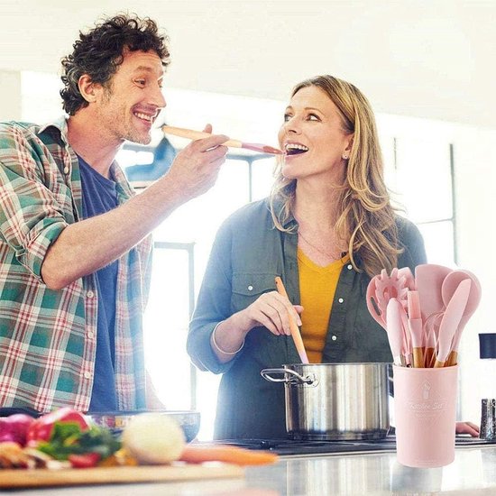 Set de 12 ustensiles de cuisine en silicone, manches en bois résistant à la  chaleur