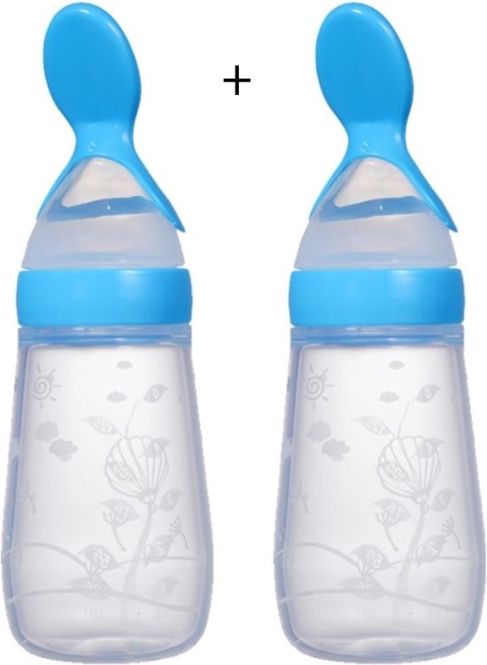 Babyflesje - Biberoia® 2x Knijpfles met lepel – Drinkfles - Baby – Kinderbestek - Kraamcadeau – Babyshower – Blauw