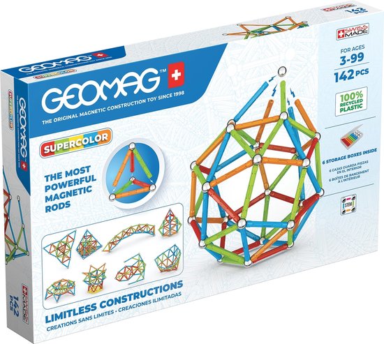 Doos met Geomag Supercolor magnetisch constructiespeelgoed. Bevat 142 onderdelen in blauw, groen, oranje en rood.