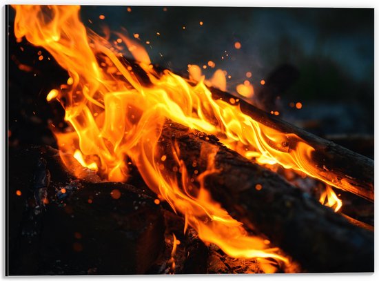 Dibond - Vuur - Takken - Hout - Kampvuur - Oranje - 40x30 cm Foto op Aluminium (Met Ophangsysteem)