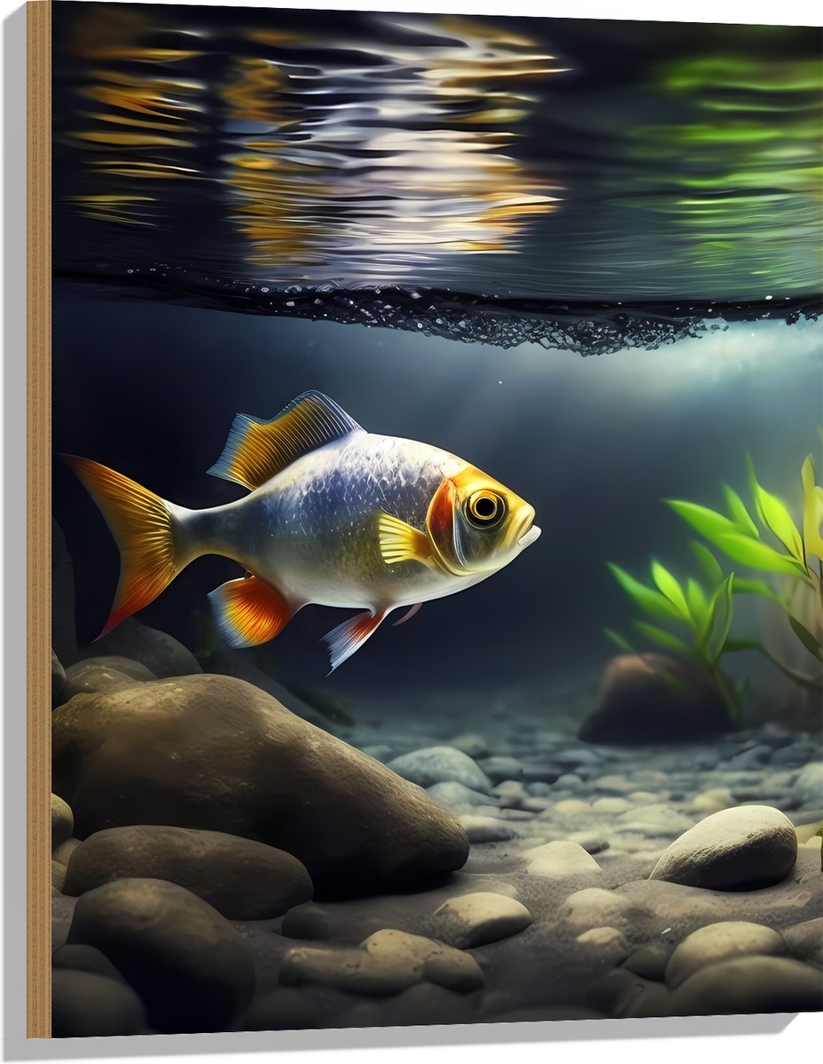 Hout - Zilver met Oranjekleurige Vis Zwemmend in Aquarium - 60x80 cm - 9 mm dik - Foto op Hout (Met Ophangsysteem)