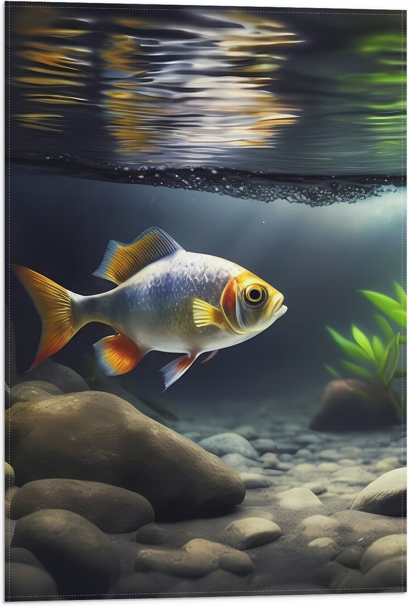Vlag - Zilver met Oranjekleurige Vis Zwemmend in Aquarium - 40x60 cm Foto op Polyester Vlag