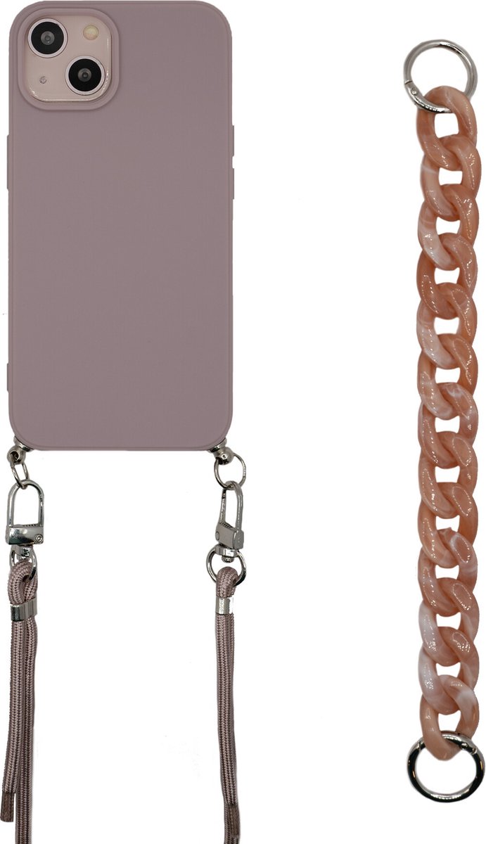 Shieldcase geschikt voor Apple iPhone 13 hoesje met koord en ketting - pink sand