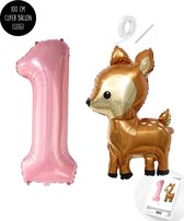 Snoes - Bambi Basis ballon set XXL Cijferballon Baby Pink 1 - Lief Hert + Cijfer Ballon 1 Jaar - Helium Geschikt