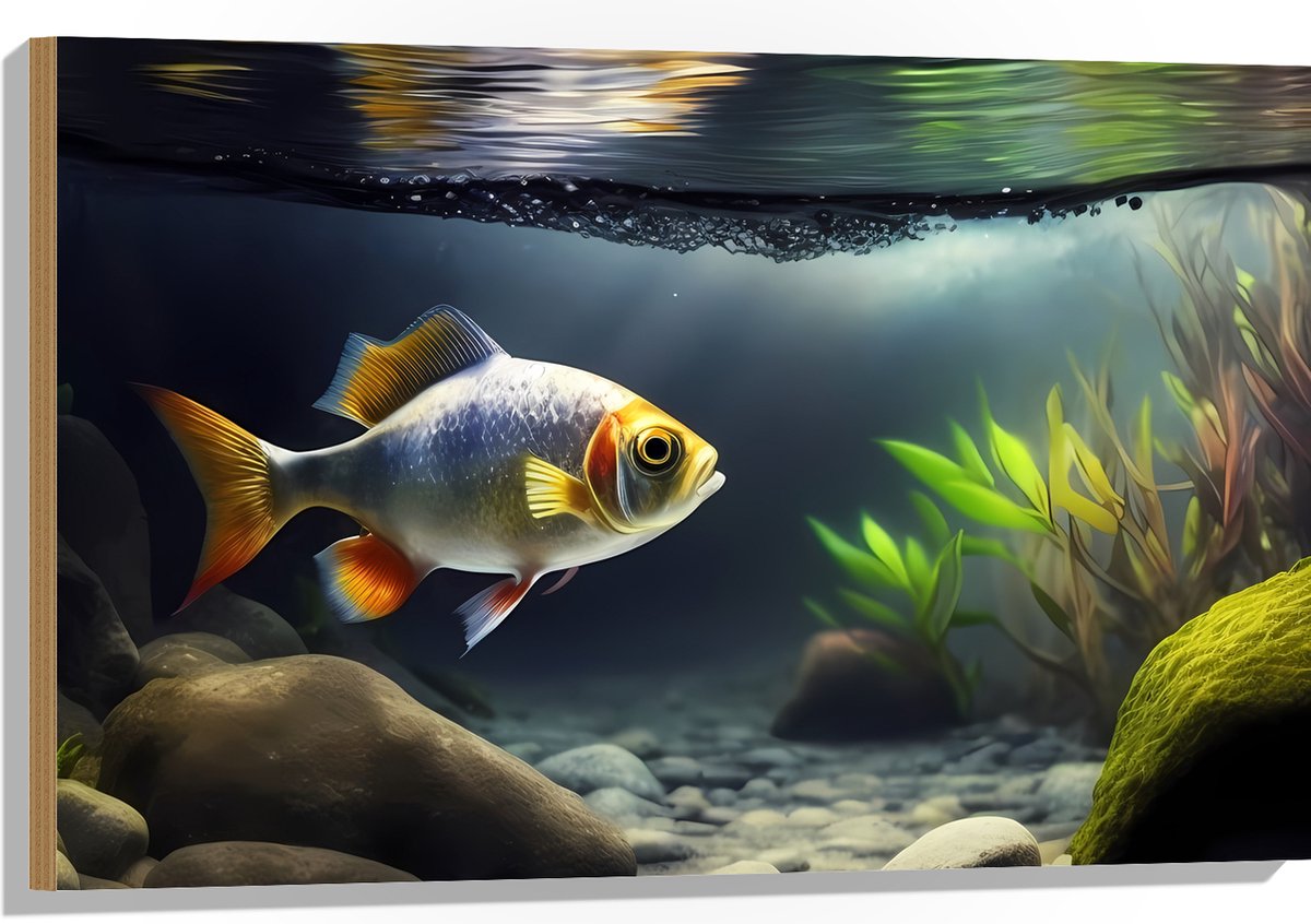 Hout - Zilver met Oranjekleurige Vis Zwemmend in Aquarium - 90x60 cm - 9 mm dik - Foto op Hout (Met Ophangsysteem)