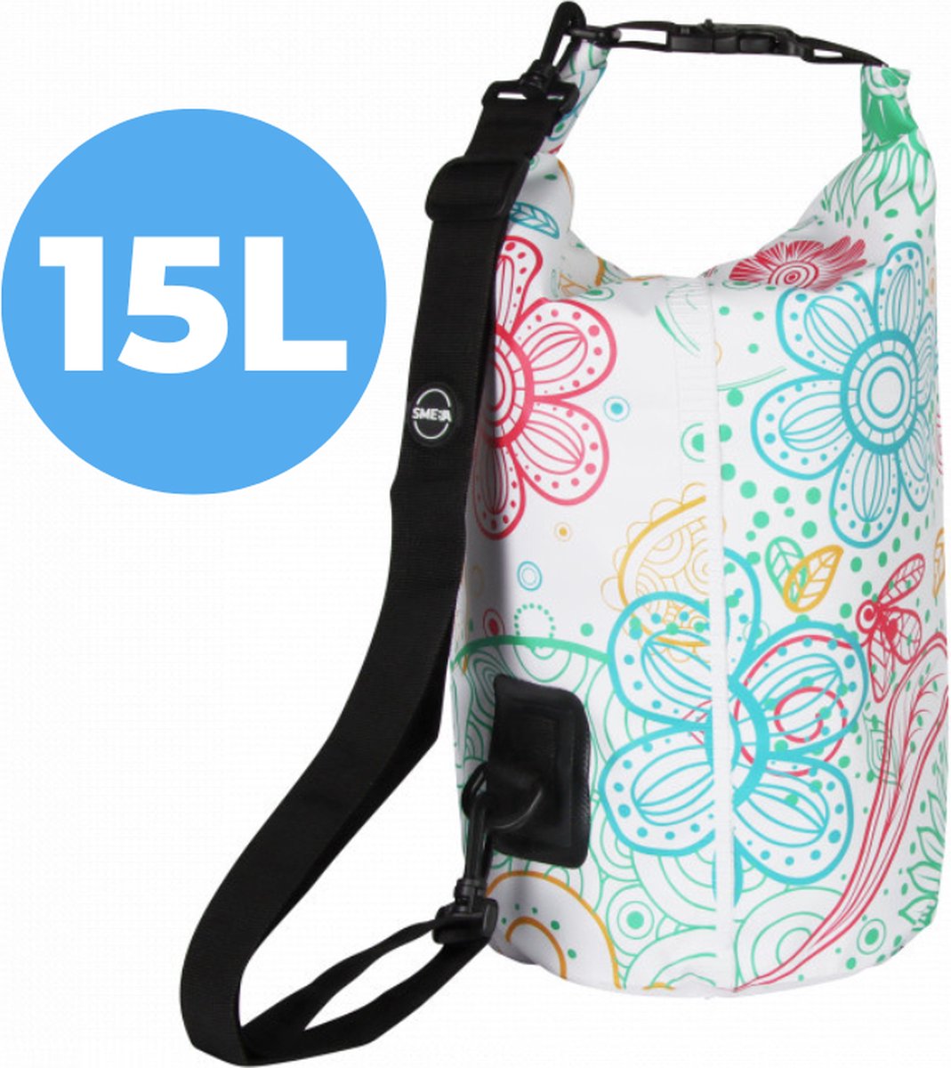 Smeba - Drybag - 15 Liter - Waterdichte tas - Schouderriem - Outdoor tas - Bloemen