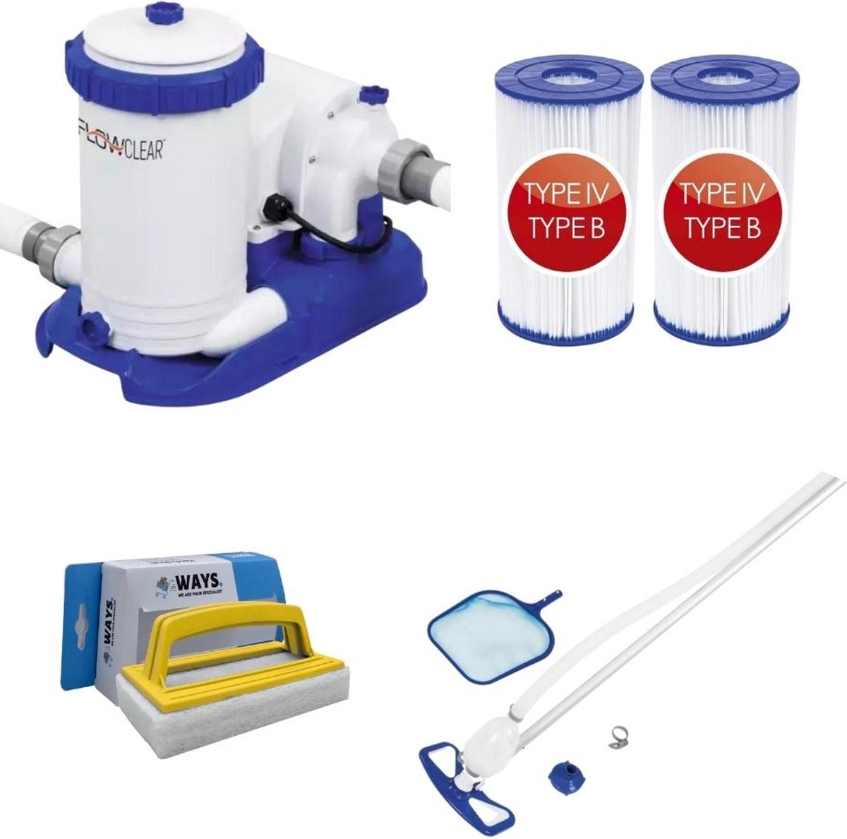 Bol.com Bestway - Zwembadstofzuiger AquaReach & Zandfilterpomp 5678 L/u & Filterzand 25 kg & WAYS Scrubborstel aanbieding